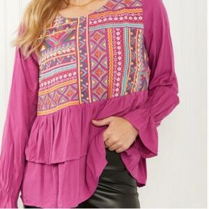 Savanna Jane Magenta Embroidered‎ Boho Tiered Long Sleeve Peasant Top Size L NWT